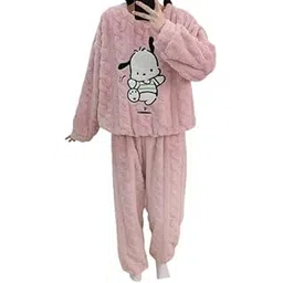 Cute Cartoon Printed Design Women Soft and Warm Fleece Two-Piece Set Free Size (28 Till 34) Peach-picture-34