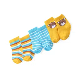 Cute Walk by Babyhug Ankle Length Antibacterial Knitted Striped & Bear Design Socks Pack Of 3 - Blue & Yellow-image-49