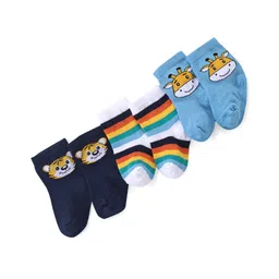 Cute Walk by Babyhug Ankle Length Antibacterial Knitted Striped & Lion Design Socks Pack Of 3 - Blue & White-image-48