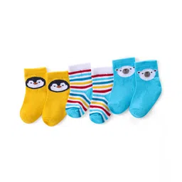 Cute Walk by Babyhug Ankle Length Antibacterial Knitted Striped & Penguin Design Socks Pack Of 3 - Blue & Yellow-image-10