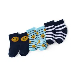 Cute Walk by Babyhug Ankle Length Antibacterial Knitted Striped & Smiley Design Socks Pack Of 3 - Blue-image-9