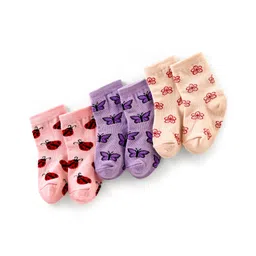 Cute Walk by Babyhug Anti Bacterial Ankle Length Non Terry Socks Butterfly Design Pack of 3 - Pink Purple & Peach-image-28