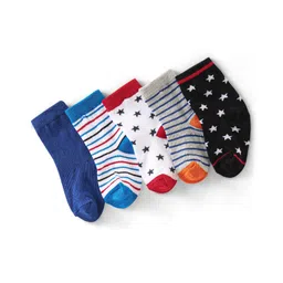 Cute Walk by Babyhug Anti Bacterial Ankle Length Non Terry Socks Star Print Pack of 5 - Blue Black & White-image-3