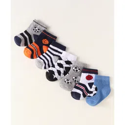 Cute Walk By Babyhug Anti-Bacterial Ankle Length Pack of 7 Socks With Sports Theme Print - Black & Grey-image-39