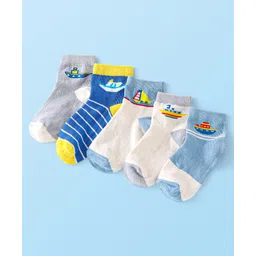 Cute Walk By Babyhug Anti-Bacterial Ankle Length Socks Boat & Stripes Design  Pack Of 5- Blue Grey & White-image-29