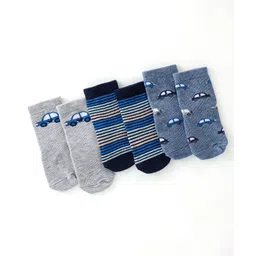 Cute Walk By Babyhug Anti Bacterial Ankle Length Socks Striped & Car Design Pack Of 3 - Blue & Grey-image-22