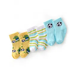 Cute Walk By Babyhug Anti-Bacterial Ankle Length Socks Striped Crocodile & Football Design Pack Of 3- White Yellow & Blue-image-33