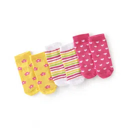 Cute Walk By Babyhug Anti-Bacterial Ankle Length Socks Striped Floral & Heart Design Pack Of 3- White Yellow & Pink-picture-27