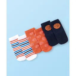 Cute Walk By Babyhug Anti Bacterial Ankle Length Socks Stripes & Basket Ball Design Pack Of 3 - Orange White & Blue-picture-20