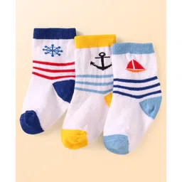 Cute Walk By Babyhug Anti-Bacterial Ankle Length Socks With Beach Design Pack Of 3 - White Blue & Yellow-image-24