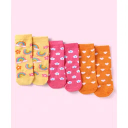 Cute Walk By Babyhug Anti- Bacterial Ankle Length Socks With Floral & Heart Design Pack of 3 - Dark Pink Orange & Yellow-picture-27