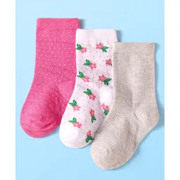 Cute Walk by Babyhug Anti-Bacterial Ankle Length Socks with Solid & Floral Design Pack of 3 - Dark Pink White & Grey-picture-29
