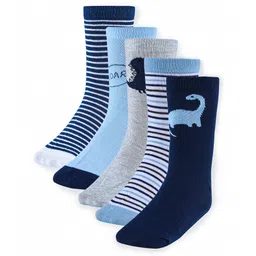 Cute Walk by Babyhug Anti-Bacterial Ankle Length Socks with Stripes & Lion Design Pack of 5 - Blue-image-37