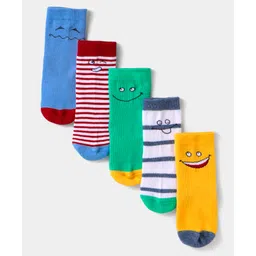 Cute Walk By Babyhug Anti-Bacterial Ankle Length Socks with Stripes & Smiley Design Pack of 5 - Blue & Yellow-image-25