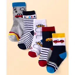 Cute Walk By Babyhug Anti-Bacterial Ankle Length Socks with Stripes & Vehicle Design Pack of 5 - Black & White-image-40