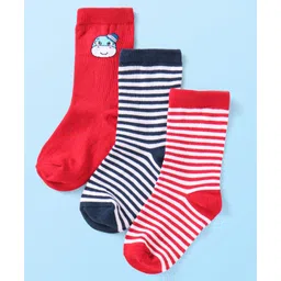 Cute Walk By Babyhug Cotton Knit Anti-Bacterial Ankle Length Socks With Stripe Design Pack of 3 - Red & Navy Blue-image-31