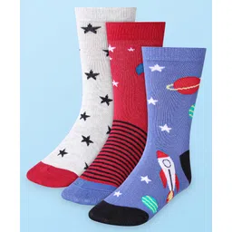 Cute Walk by Babyhug Cotton Lycra Knit Anti-bacterial Socks Strips Stars & Rocket Design Pack of 3 - White Red & Purple-picture-15