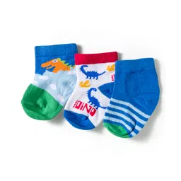 Cute Walk by Babyhug Knit Ankle Length Anti Bacterial Socks with Dino & Stripes Design Pack of 3 - White & Blue-image-19