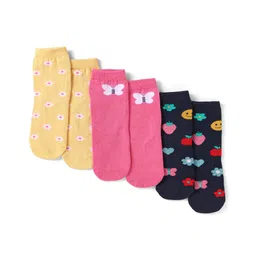 Cute Walk By Babyhug Knit Ankle Length Anti-Bacterial Socks with Floral & Butterfly Design Pack of 3 - Yellow & Pink-picture-36