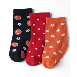 Cute Walk By Babyhug Knit Ankle Length Anti Bacterial Socks With Floral & Strawberry Design Pack of 3 - Orange Red & Black-picture-35