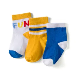 Cute Walk by Babyhug Knit Ankle Length Anti Bacterial Socks with Fun & Stripe Design Pack of 3 -Yellow Blue & White-picture-11