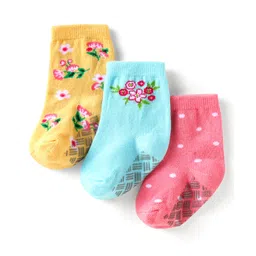 Cute Walk by Babyhug Knit Ankle Length Antibacterial Anti Skid Socks with Polka Dots & Floral Design Pack of 3 - Pink Light Blue & Yellow-picture-23