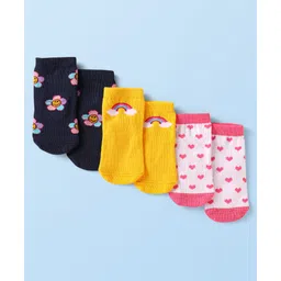 Cute Walk by Babyhug Knit Ankle Length Antibacterial Socks with Floral Rainbow & Hearts Design Pack of 3 - Black Yellow & White-picture-20