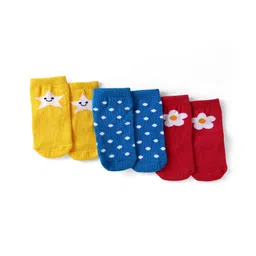 Cute Walk by Babyhug Knit Ankle Length Antibacterial Socks with Star Polka Dots & Floral Design Pack of 3 - Yellow Blue & Red-picture-22