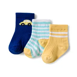 Cute Walk by Babyhug Knit Ankle Length Antibacterial Socks With Stripe & Vehicle Design Pack Of 3 - Navy Blue Light Blue & Yellow-picture-26