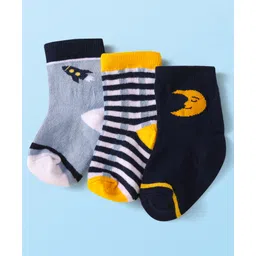 Cute Walk by Babyhug Knit Ankle Length Socks With Space Theme Design Pack of 3 - Grey Yellow & Navy Blue-image-25