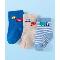 Cute Walk by Babyhug Knit Ankle Length Socks With Vehicle Design Pack of 3 - Blue & Grey-image-42