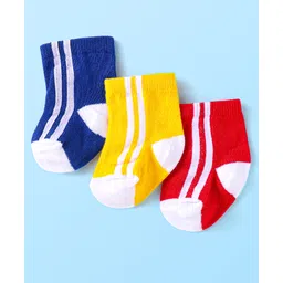 Cute Walk by Babyhug Knit Ankle Length Striped Socks Pack of 3 - Blue Yellow & Red-image-39
