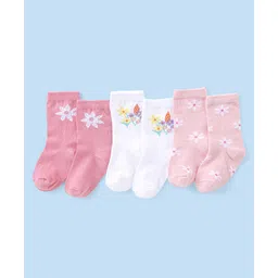 Cute Walk by Babyhug Knit Anti-Bacterial Ankle Length Socks with Floral Design Pack of 3 - Pink & White-picture-32