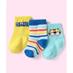 Cute Walk By Babyhug Knit Anti-Bacterial Ankle Length Socks With Text & Tiger Design Pack of 3 - Yellow & Blue-picture-27