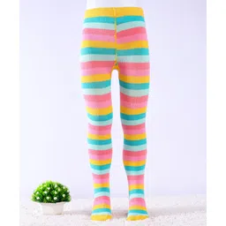 Cute Walk by Babyhug Knit Antibacterial Striped Footed Tights - Pink Blue & Yellow-image-40