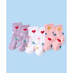 Cute Walk by Babyhug Knitted Anti-Bacterial Ankle Length Socks With Heart Design Pack of 3 - Lilac White & Peach-image-7