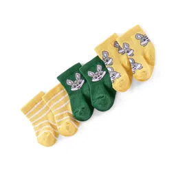 Cute Walk by Babyhug Knitted Anti-Bacterial Ankle Length Striped Socks Pack of 3 - Yellow & Green-image-45