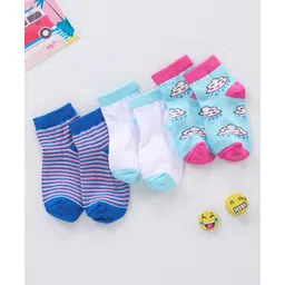 Cute Walk by Babyhug Non Terry Cotton Knit Ankle Length Anti Bacterial Socks Cloud Design Pack of 3 - Blue & White-picture-23