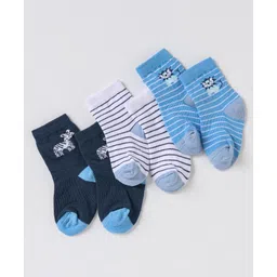 Cute Walk By Babyhug Non Terry Cotton Knit Ankle Length Anti Bacterial Socks Stripes & Zebra Design Pack of 3 - Blue & White-picture-21