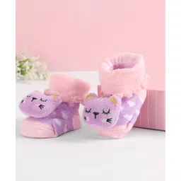 Cute Walk by Babyhug Socks With Heart Design & Cat Face Applique - Purple-image-27