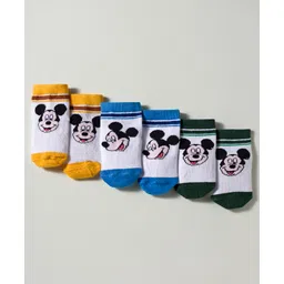 Cute Walk by Babyhug Disney Knit Ankle Length Antibacterial Socks with Mickey Mouse Graphic Pack of 3 - Blue Yellow & White-picture-20