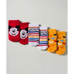 Cute Walk by Babyhug Disney Knit Ankle Length Antibacterial Socks with Mickey Mouse Graphic Pack of 3 - Red Yellow & White-picture-22