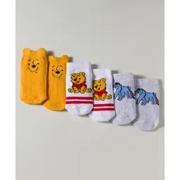 Cute Walk by Babyhug Disney Knit Ankle Length Antibacterial Socks with Winnie the Pooh Graphic Pack of 3 - White Yellow & Grey-picture-23