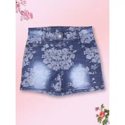 CUTECUMBER Girls Blue Floral Printed Denim Shorts-picture-30