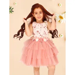 CUTECUMBER Girls Floral Print Applique Georgette Round Neck Sleeveless Fit & Flare Dress-picture-43