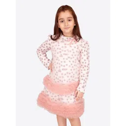 CUTECUMBER Girls Floral Printed High Neck Ruffled Acrylic A-Line Dress-picture-46