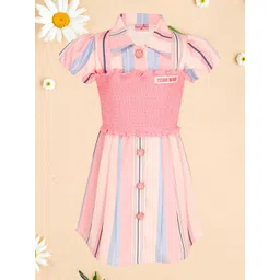 CUTECUMBER Girls Striped Print Shirt Collar Short Sleeves A-Line Dress-picture-26