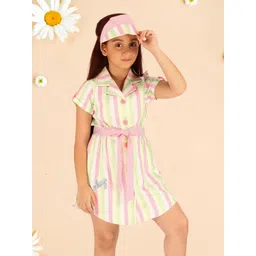 CUTECUMBER Girls Striped Shirt Collar Short Sleeves A-Line Dress-picture-22