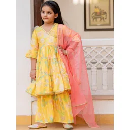 Cutiediva Girls Floral Printed Angrakha Gotta Patti Anarkali Kurta With Sharara & Dupatta-picture-45