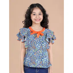 Cutiekins Blue Floral Print Tie-Up Neck Crepe Shirt Style Top-picture-24